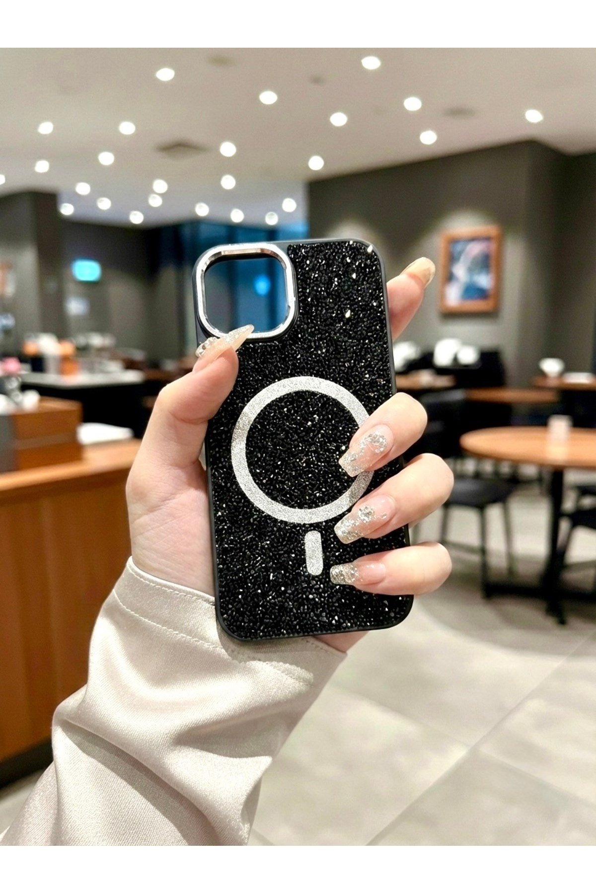 Iphone 13 Uyumlu Siyah Lüks MagSafeli Premium Kristal Taşlı Işıltılı Kılıf