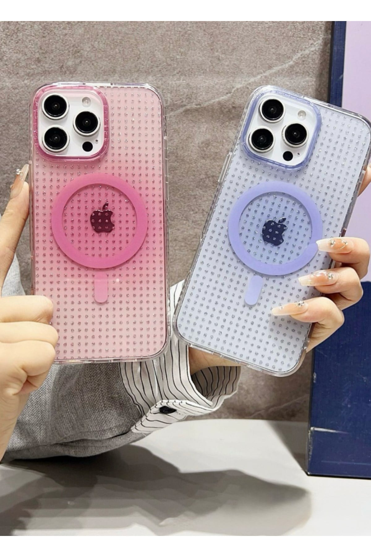 iPhone 14 Plus Uyumlu Şeffaf Mavi MagSafe Işıltılı Şık Kılıf