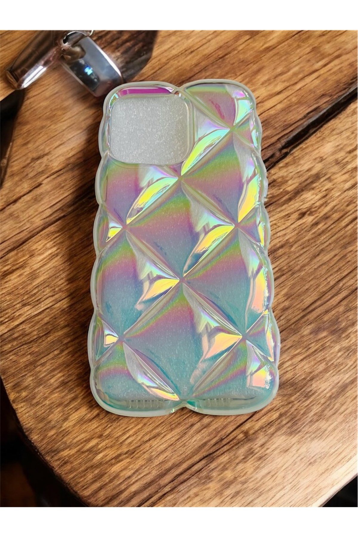 iPhone 14 Pro Max Holografik 3D Baklava Dilim Desenli Şeffaf Telefon Kılıfı