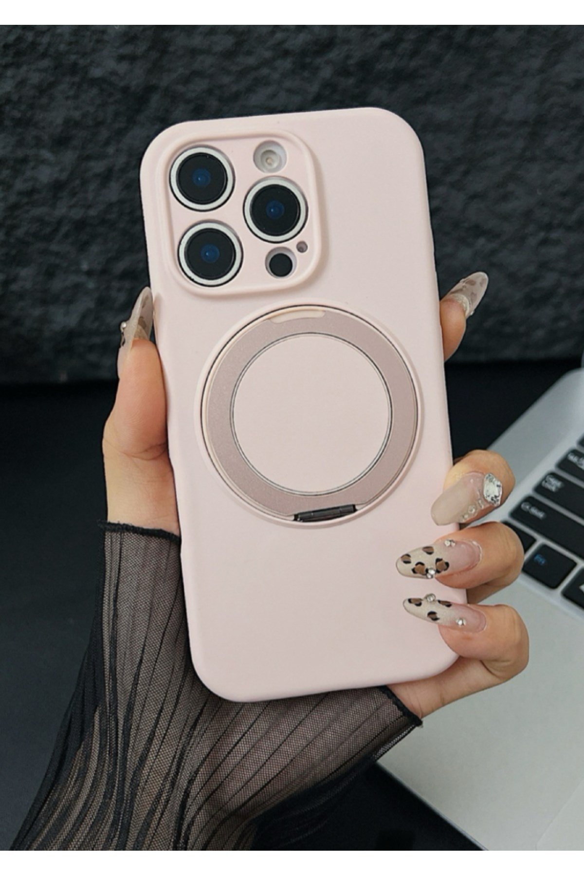 iPhone 14 Pro Max Standlı Magsafe İçi Kadife Pudra Pembe Kılıf