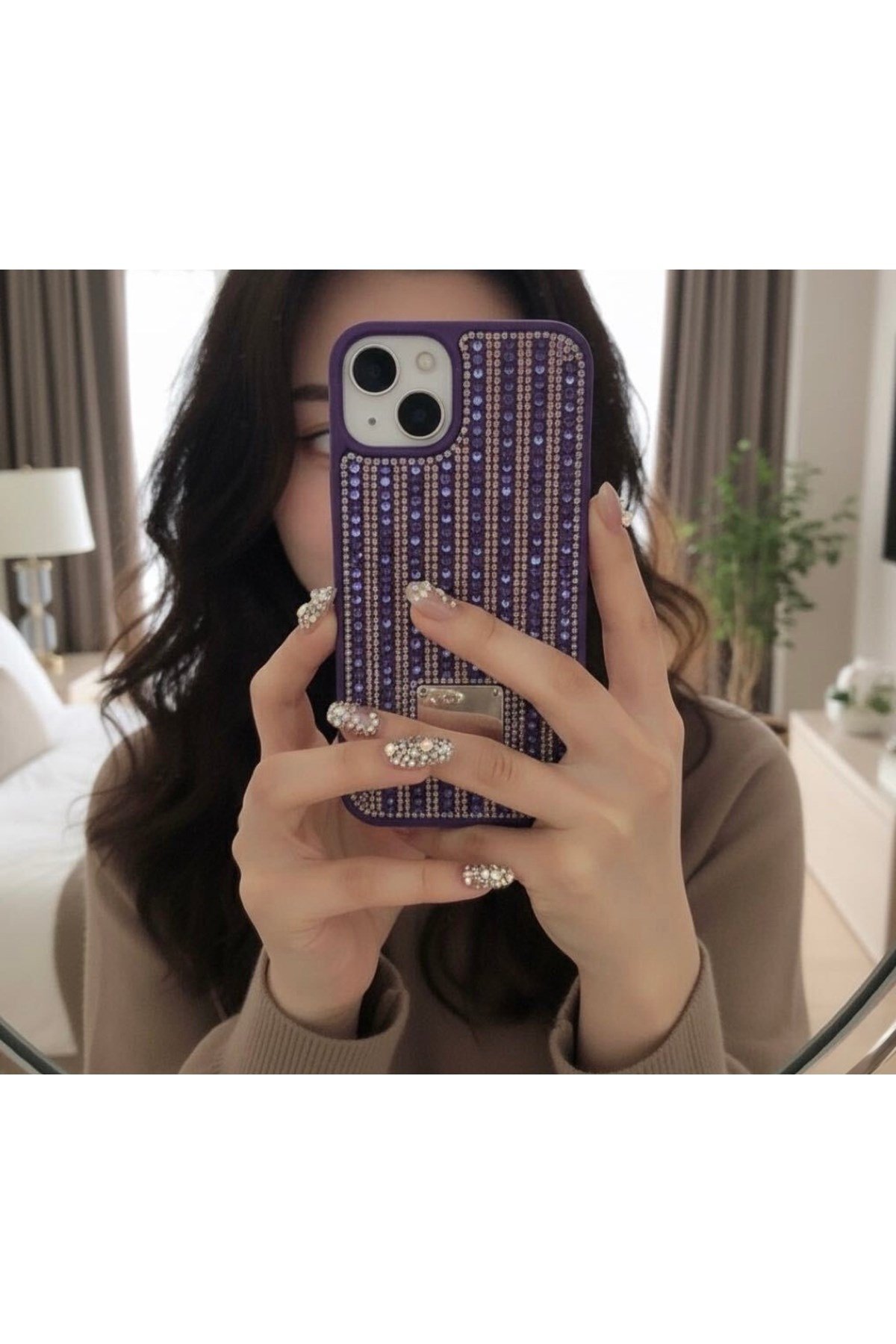 iPhone 14 Pro Max Uyumlu Mor Taşlı Parlak Şık Kılıf