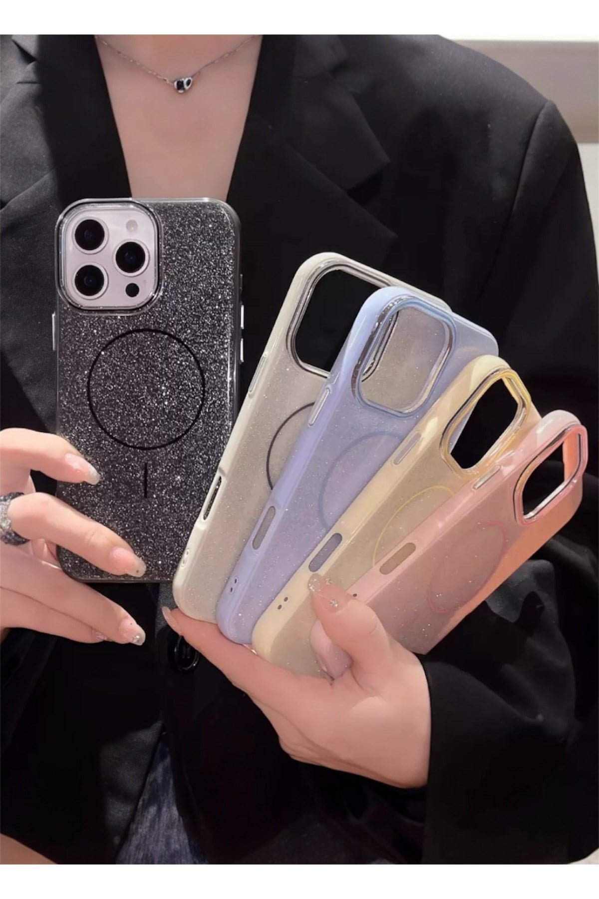 Iphone 14 Pro Max Uyumlu Pembe Simli Şeffaf MagSafe Uyumlu Kılıf