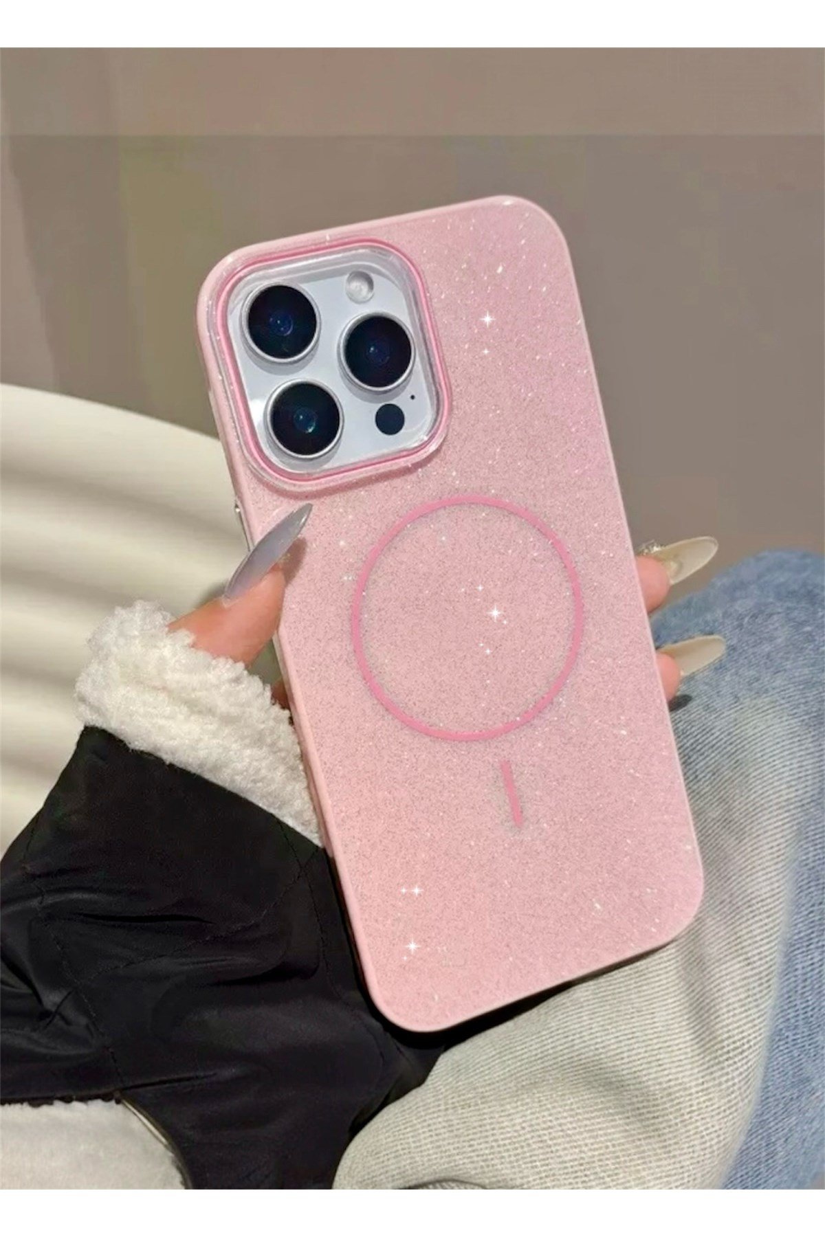 Iphone 14 Pro Max Uyumlu Pembe Simli Şeffaf MagSafe Uyumlu Kılıf