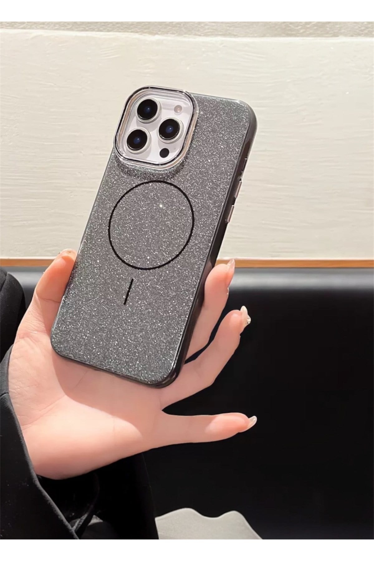 Iphone 14 Pro Max Uyumlu Siyah Simli Şeffaf MagSafe Uyumlu Kılıf