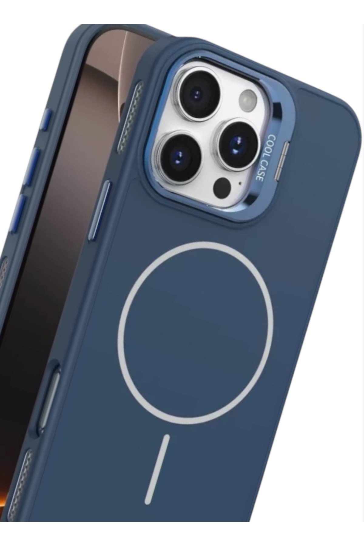 Iphone 14 Pro Uyumlu MagSafeli Mavi Kamera Korumalı Standlı Kılıf, Mat Soft Dokulu Premium Seri