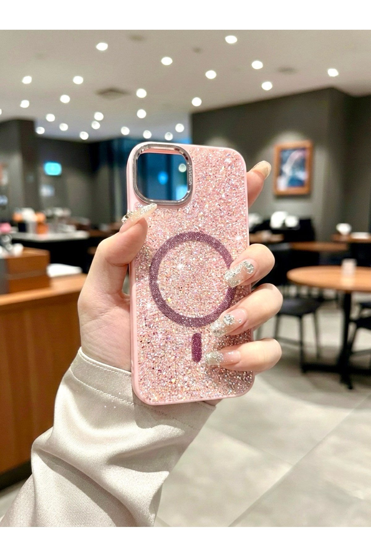 Iphone 14 Pro Uyumlu Pembe Lüks MagSafeli Premium Kristal Taşlı Işıltılı Kılıf