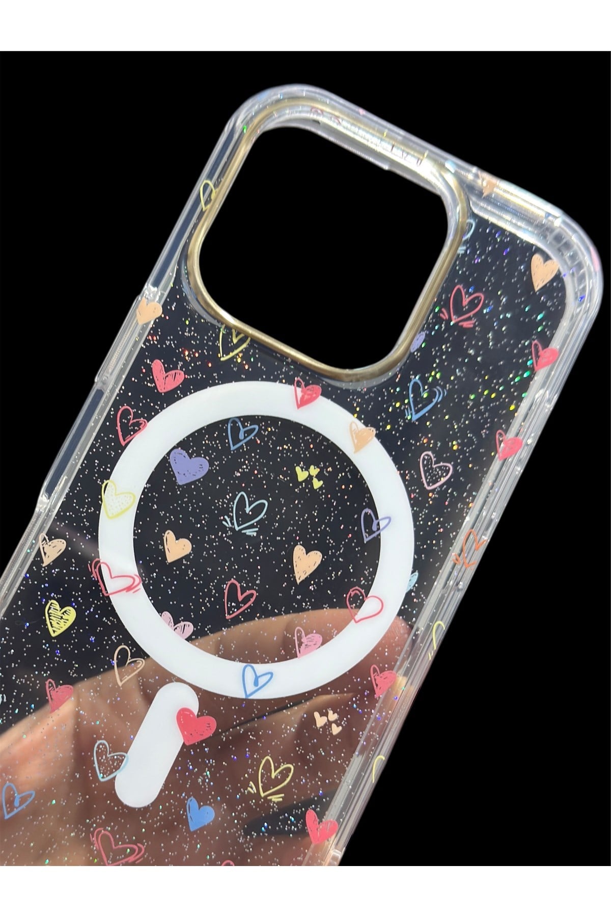Iphone 14 Promax Uyumlu Magsafeli, Şeffaf Simli, Renkli Kalp Desenli, Darbe Koruma Kılıf