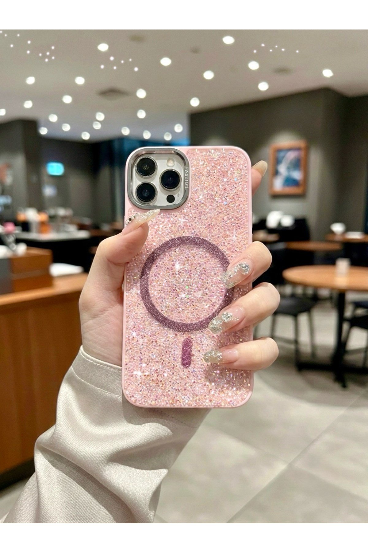 Iphone 14 ProMax Uyumlu Pembe Lüks MagSafeli Premium Kristal Taşlı Işıltılı Kılıf