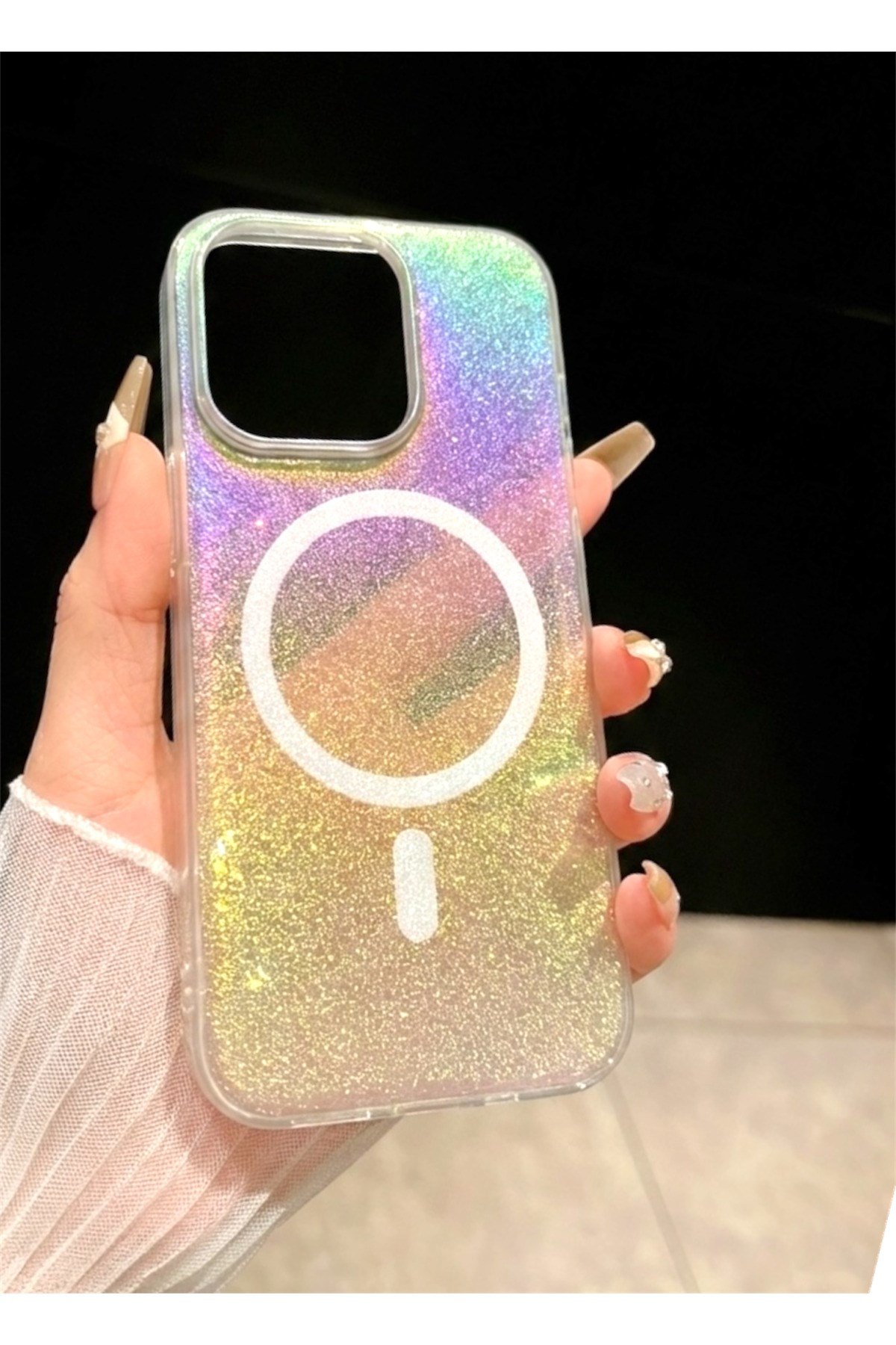 Iphone 14 Uyumlu Lazer Işıltılı MagSafeli, Simli, Holografik Renk Geçişli Kılıf