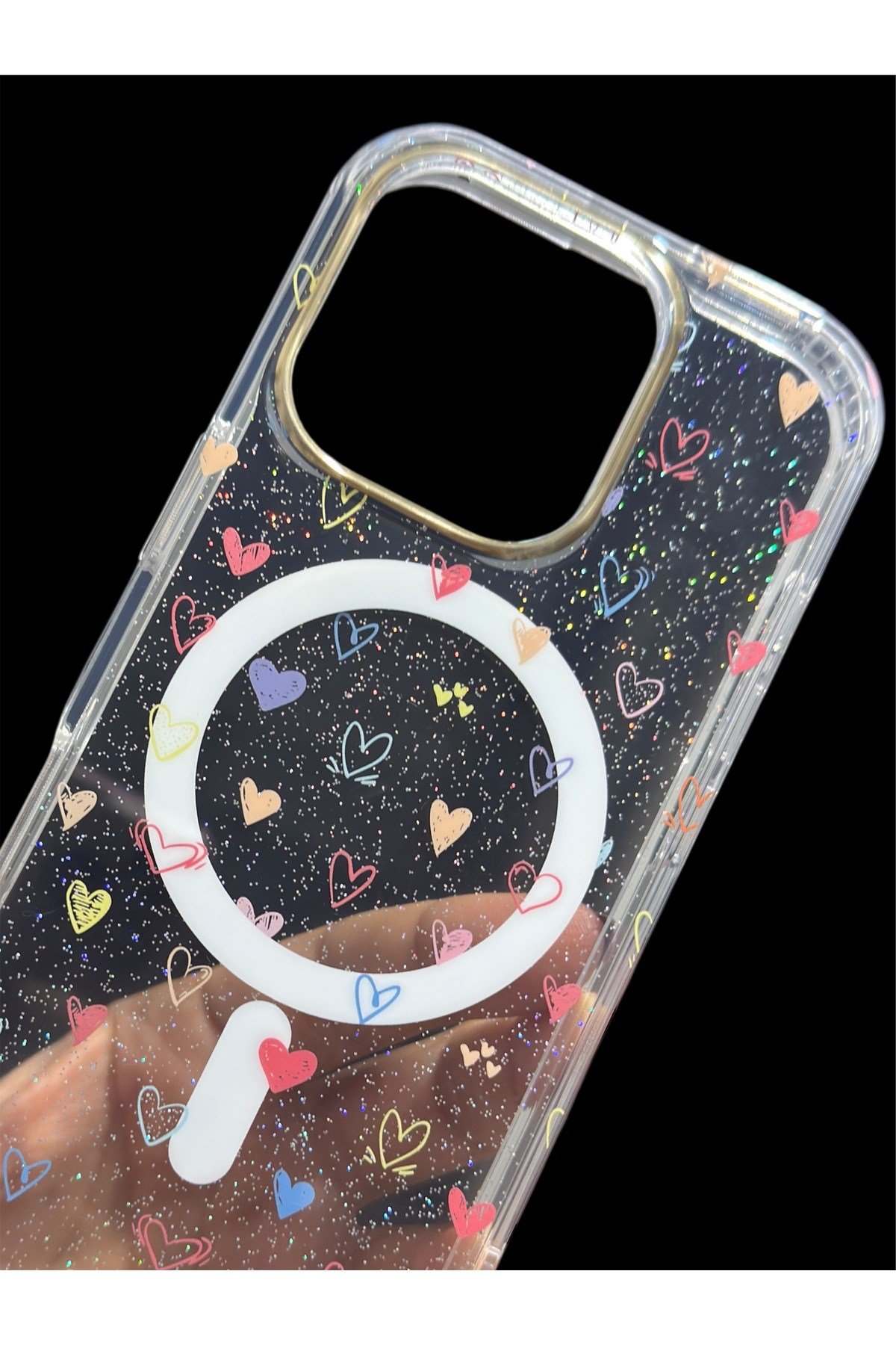 Iphone 14 Uyumlu Magsafeli, Şeffaf Simli, Renkli Kalp Desenli, Darbe Koruma Kılıf
