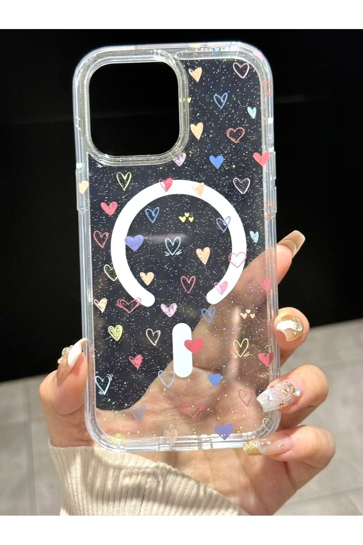 Iphone 14 Uyumlu Magsafeli, Şeffaf Simli, Renkli Kalp Desenli, Darbe Koruma Kılıf