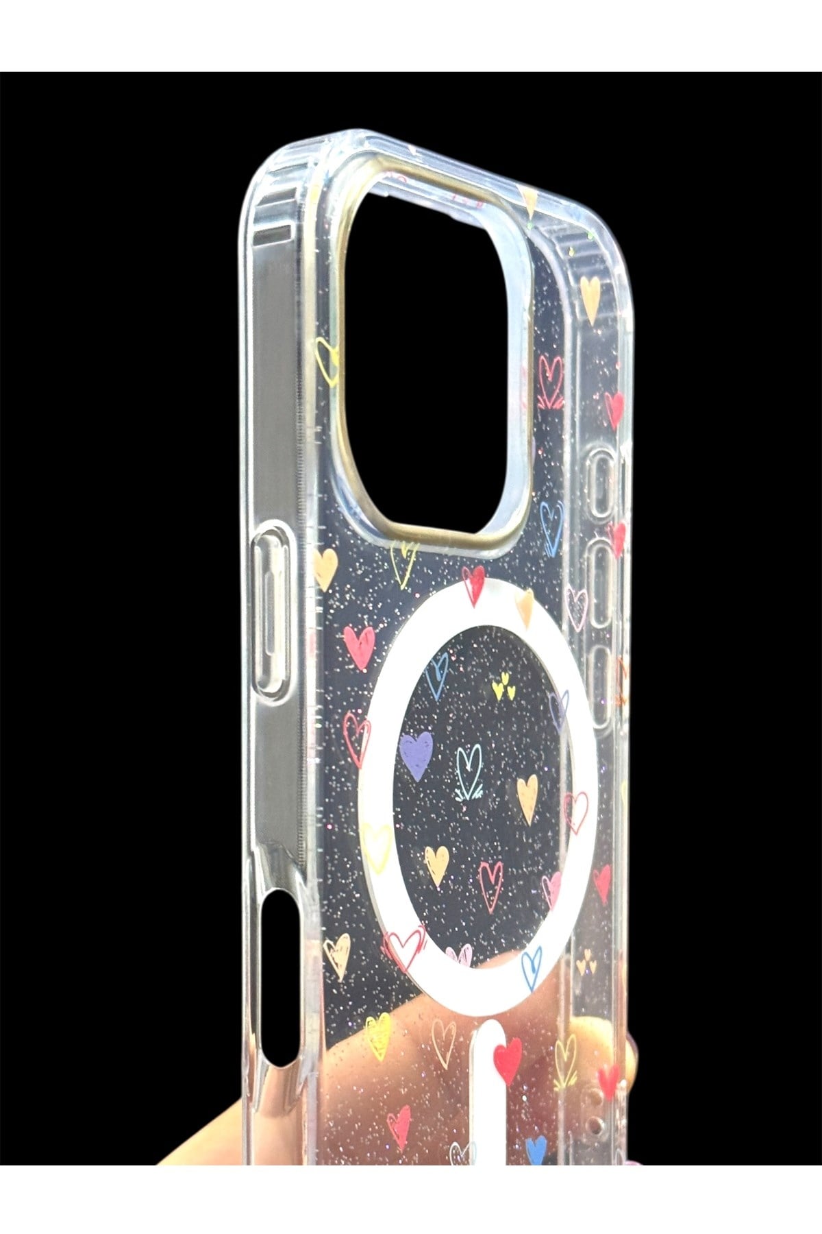 Iphone 14 Uyumlu Magsafeli, Şeffaf Simli, Renkli Kalp Desenli, Darbe Koruma Kılıf