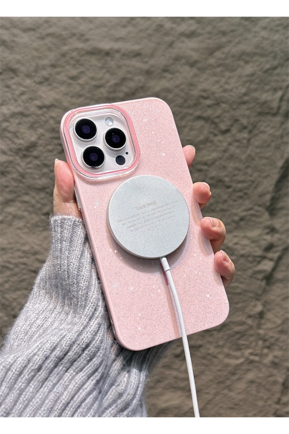 Iphone 14 Uyumlu Pembe Simli Şeffaf MagSafe Uyumlu Kılıf