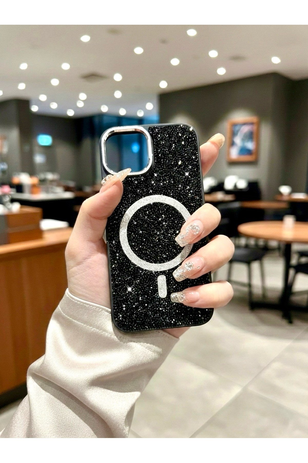 Iphone 14 Uyumlu Siyah Lüks MagSafeli Premium Kristal Taşlı Işıltılı Kılıf