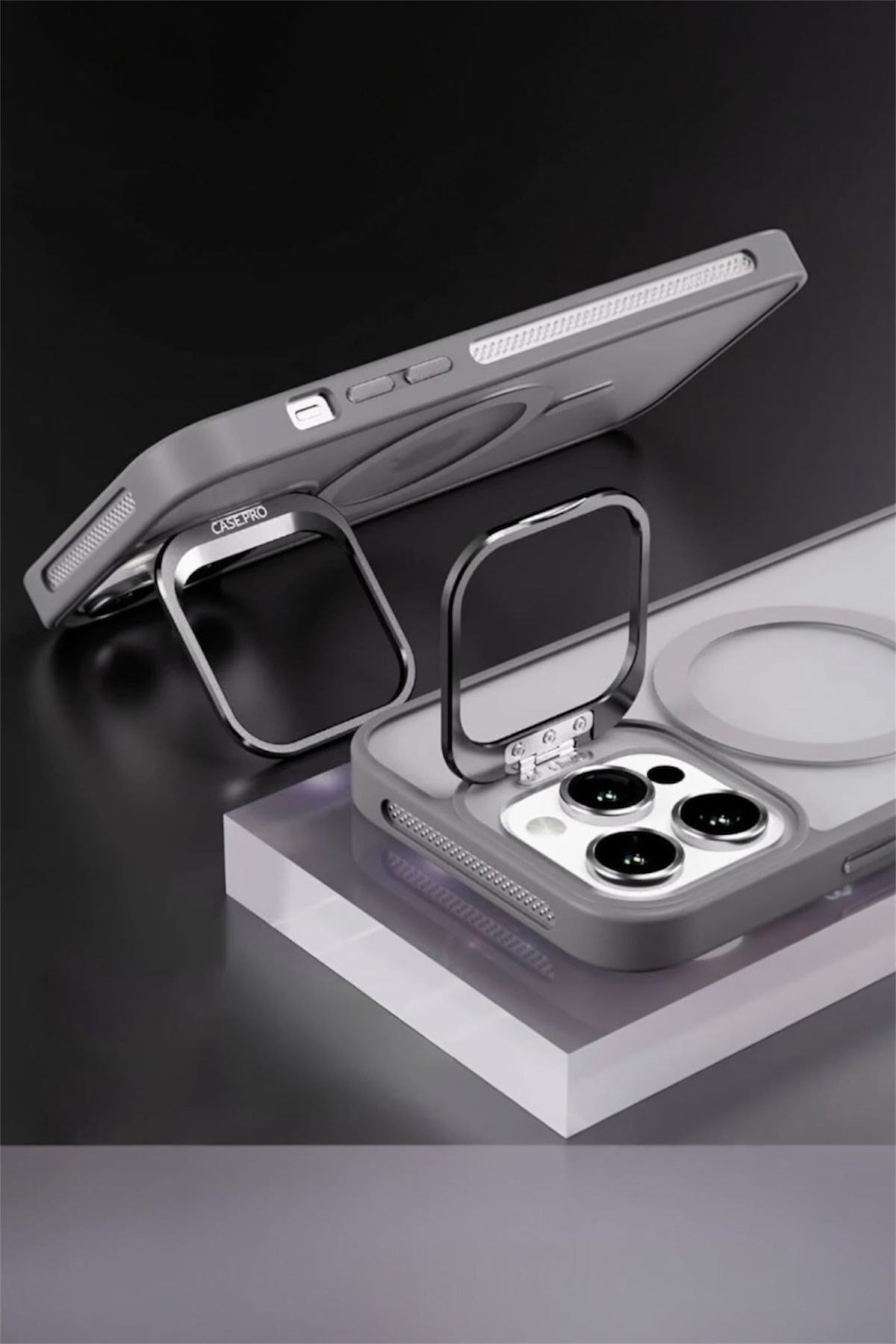 iPhone 14Pro Uyumlu Zırh Koruma MagSafe Destekli Standlı Kamera Lens Korumalı Mat Buzlu Şık Kılıf
