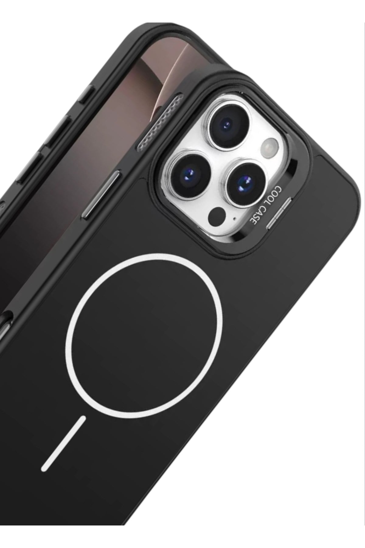 Iphone 15 Pro Max Uyumlu MagSafeli Siyah Kamera Korumalı Standlı Kılıf, Mat Soft Dokulu Premium Seri