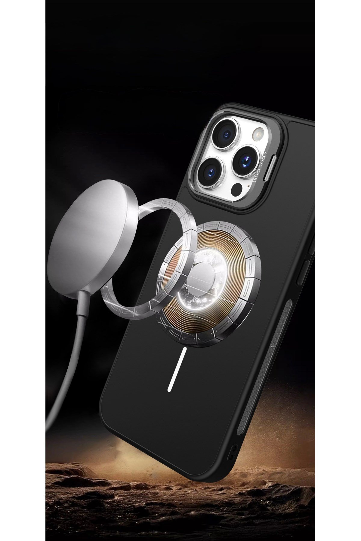 Iphone 15 Pro Max Uyumlu MagSafeli Siyah Kamera Korumalı Standlı Kılıf, Mat Soft Dokulu Premium Seri