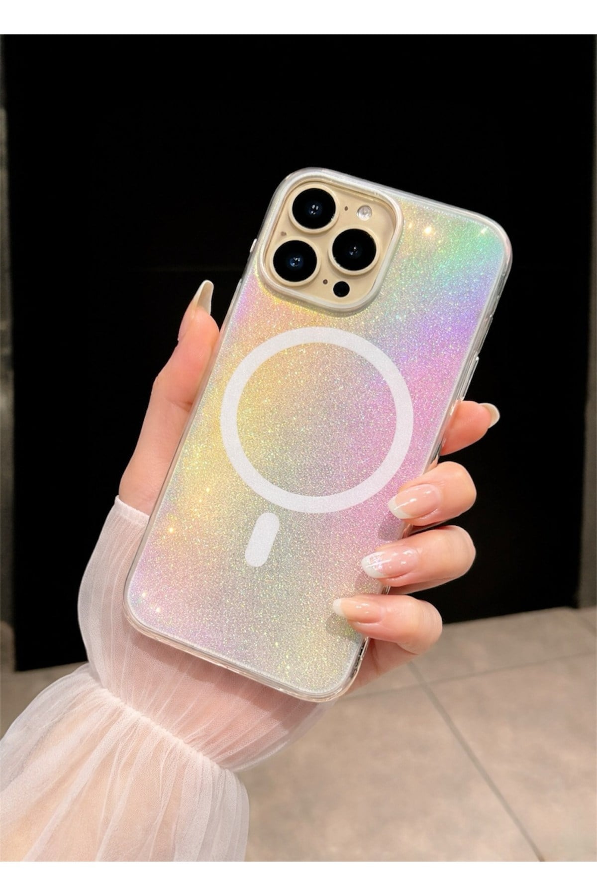 Iphone 15 Pro Uyumlu Lazer Işıltılı MagSafeli, Simli, Holografik Renk Geçişli Kılıf