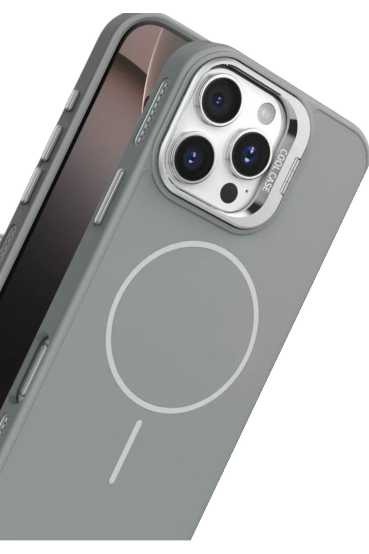 Iphone 15 Pro Uyumlu MagSafeli Kamera Korumalı Standlı Gri Kılıf, Mat Soft Dokulu Premium Seri
