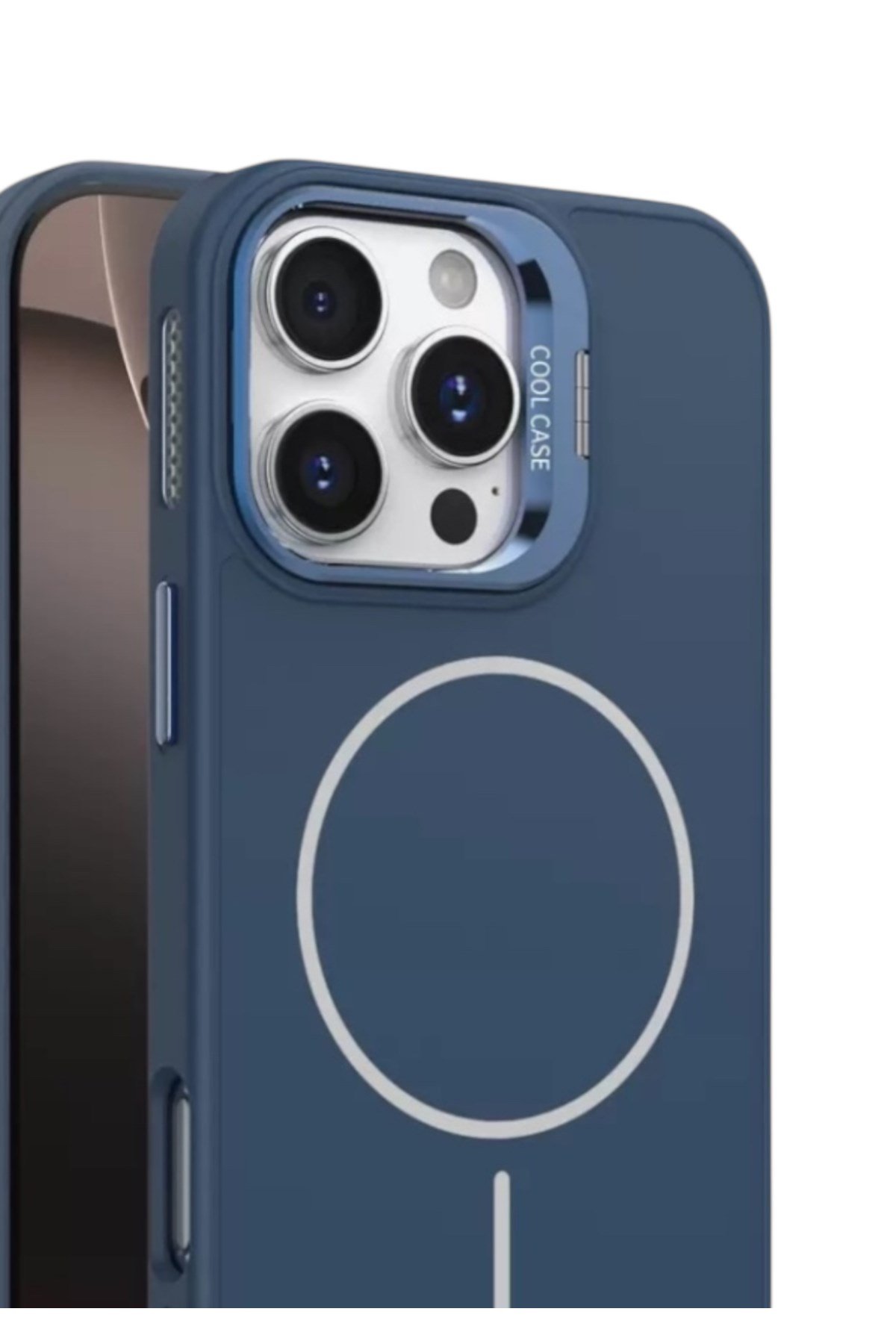 Iphone 15 Pro Uyumlu MagSafeli Mavi Kamera Korumalı Standlı Kılıf, Mat Soft Dokulu Premium Seri