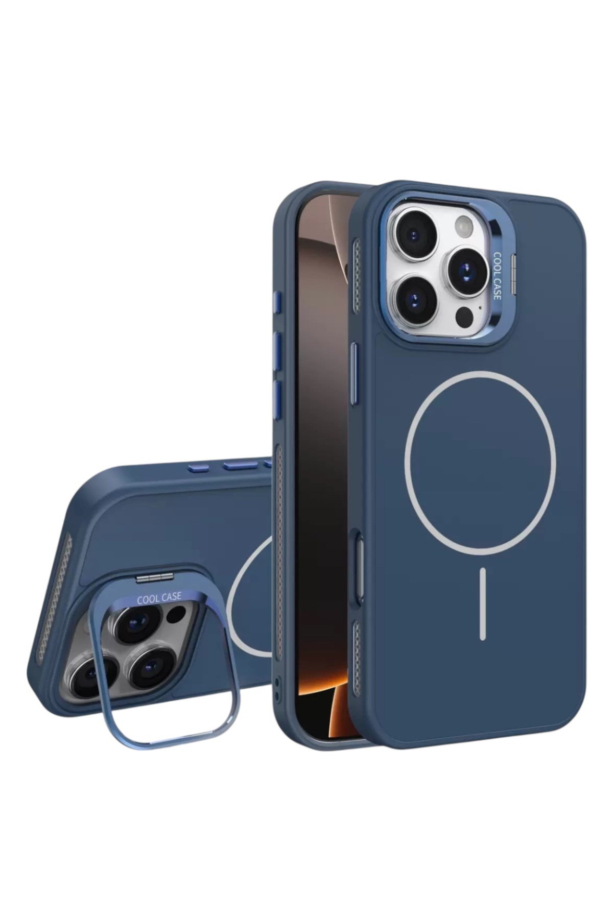 Iphone 15 Pro Uyumlu MagSafeli Mavi Kamera Korumalı Standlı Kılıf, Mat Soft Dokulu Premium Seri