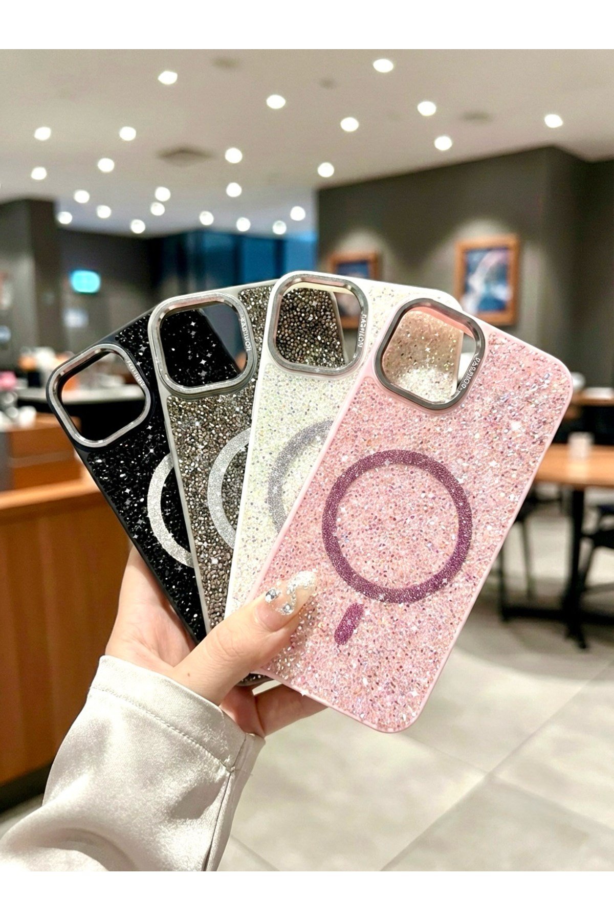 Iphone 15 Pro Uyumlu Pembe Lüks MagSafeli Premium Kristal Taşlı Işıltılı Kılıf