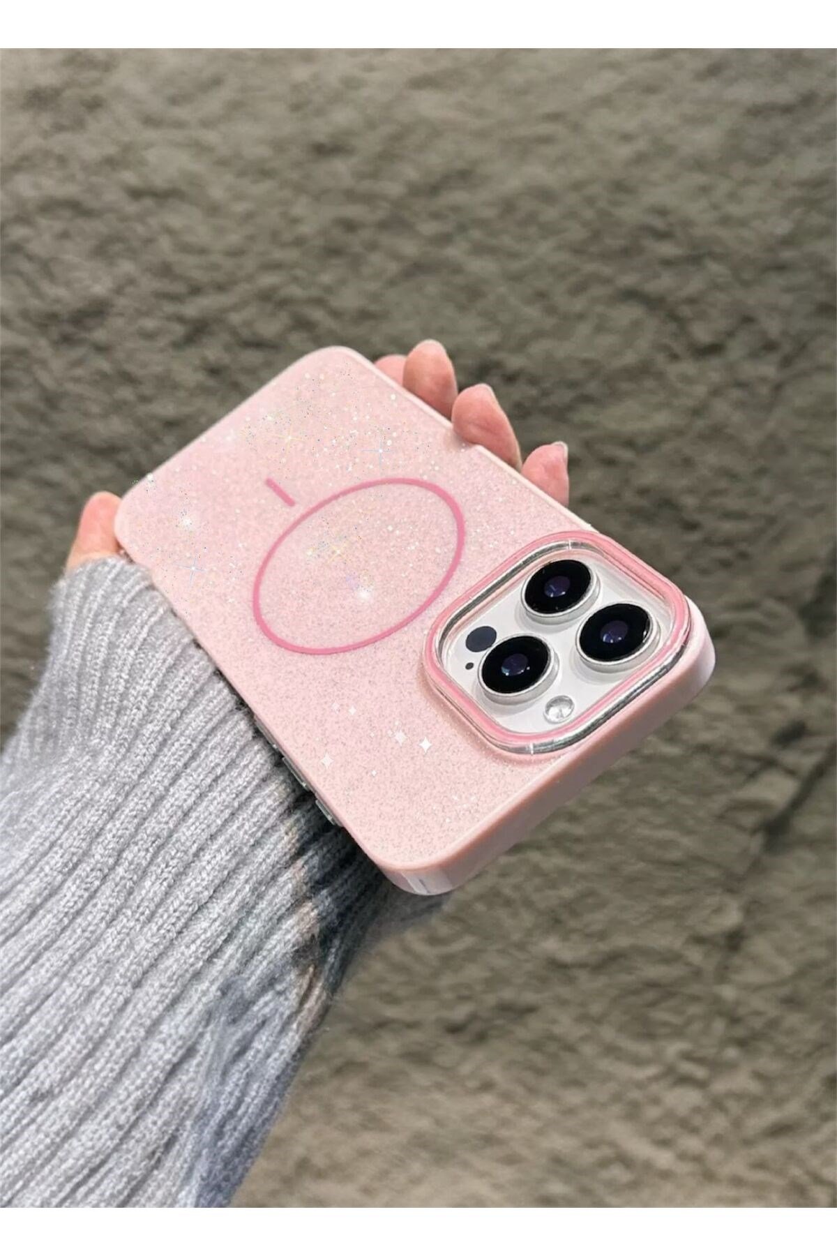 Iphone 15 Pro Uyumlu Pembe Renk Simli Şeffaf MagSafe Uyumlu Kılıf