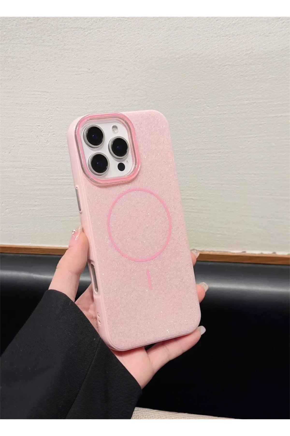 Iphone 15 ProMax Uyumlu Pembe Renk Simli Şeffaf MagSafe Uyumlu Kılıf
