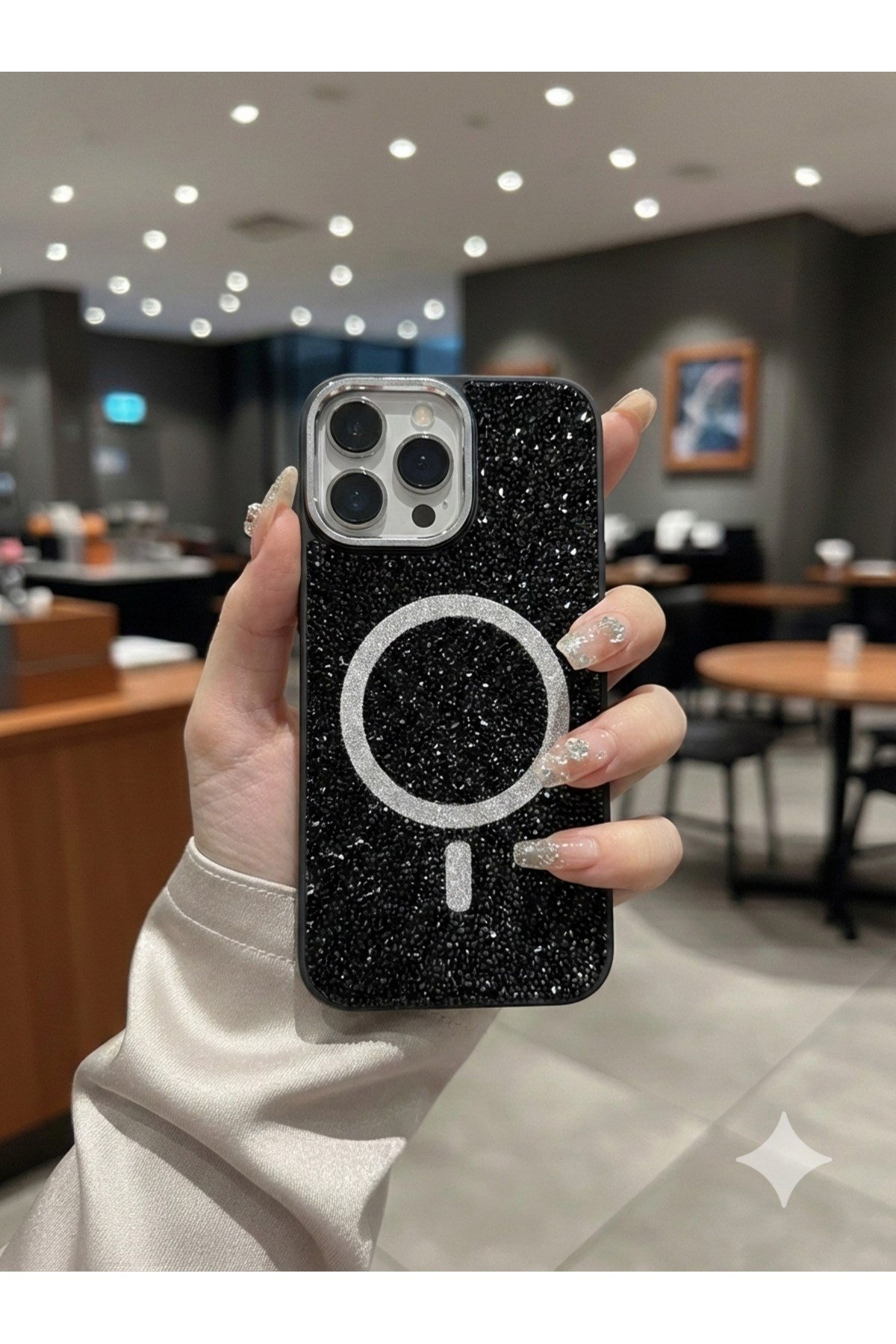 Iphone 15 ProMax Uyumlu Siyah Lüks MagSafeli Premium Kristal Taşlı Işıltılı Kılıf