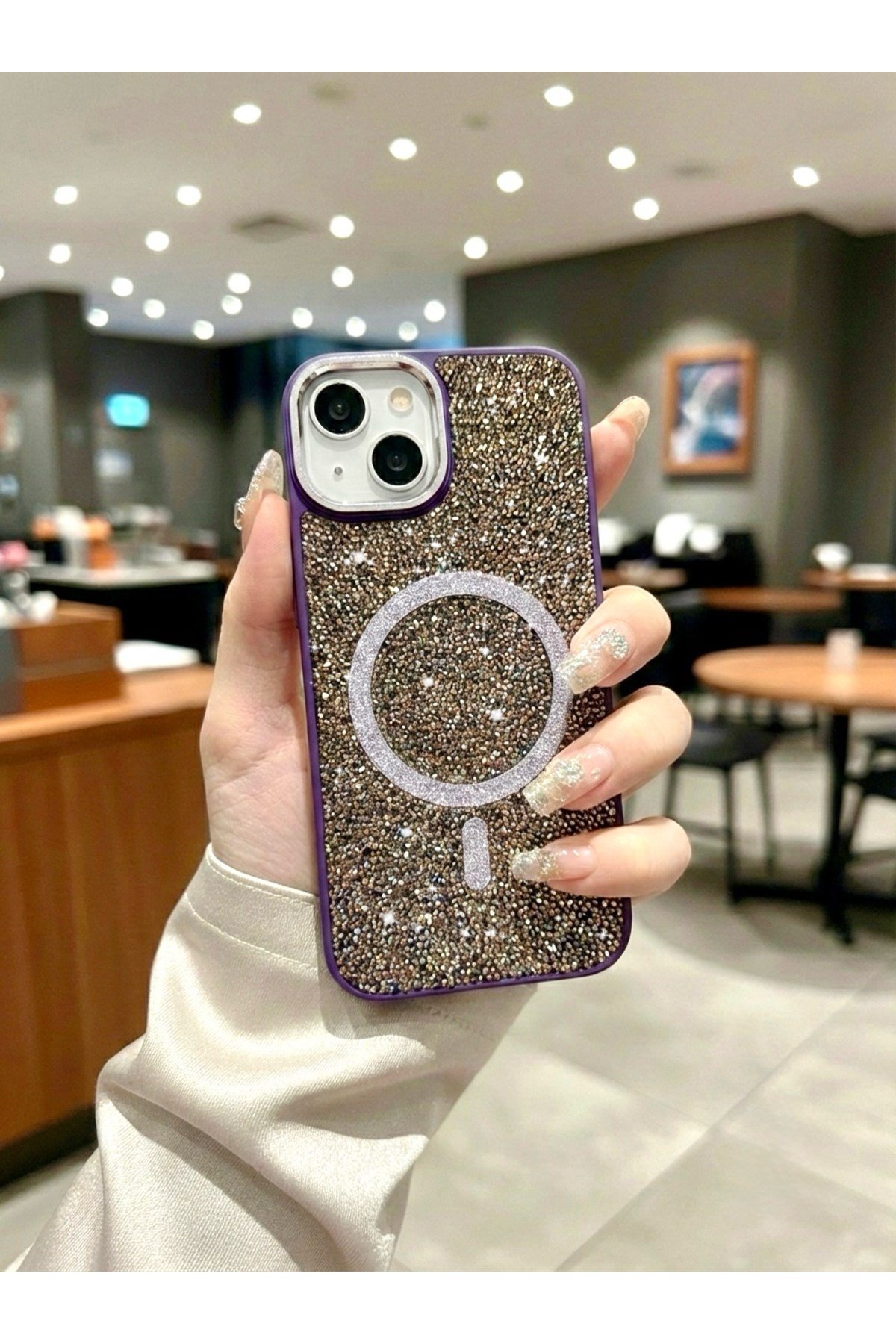 Iphone 15 Uyumlu Mor Lüks MagSafeli Premium Kristal Taşlı Işıltılı Kılıf