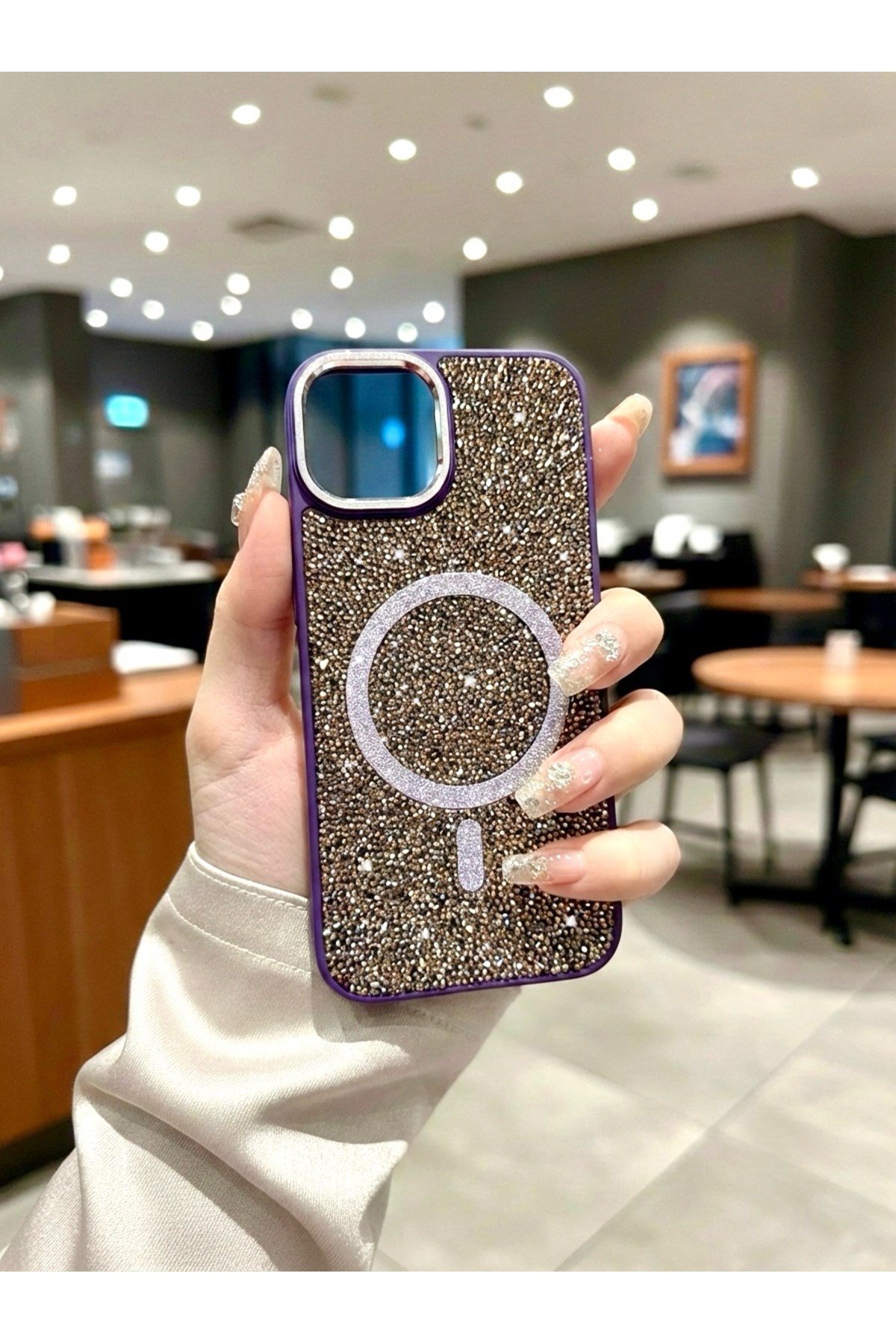 Iphone 15 Uyumlu Mor Lüks MagSafeli Premium Kristal Taşlı Işıltılı Kılıf