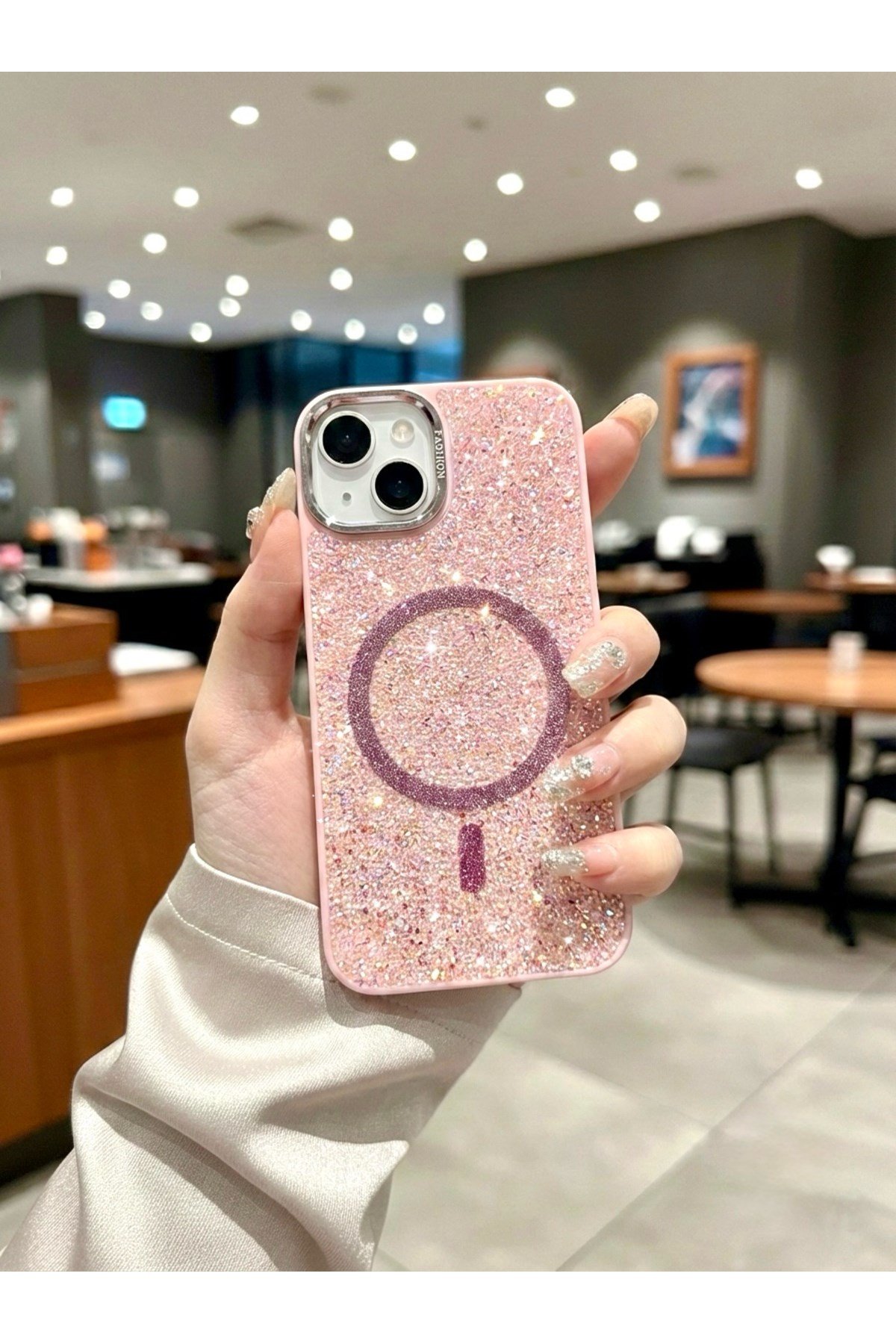 Iphone 15 Uyumlu Pembe Lüks MagSafeli Premium Kristal Taşlı Işıltılı Kılıf