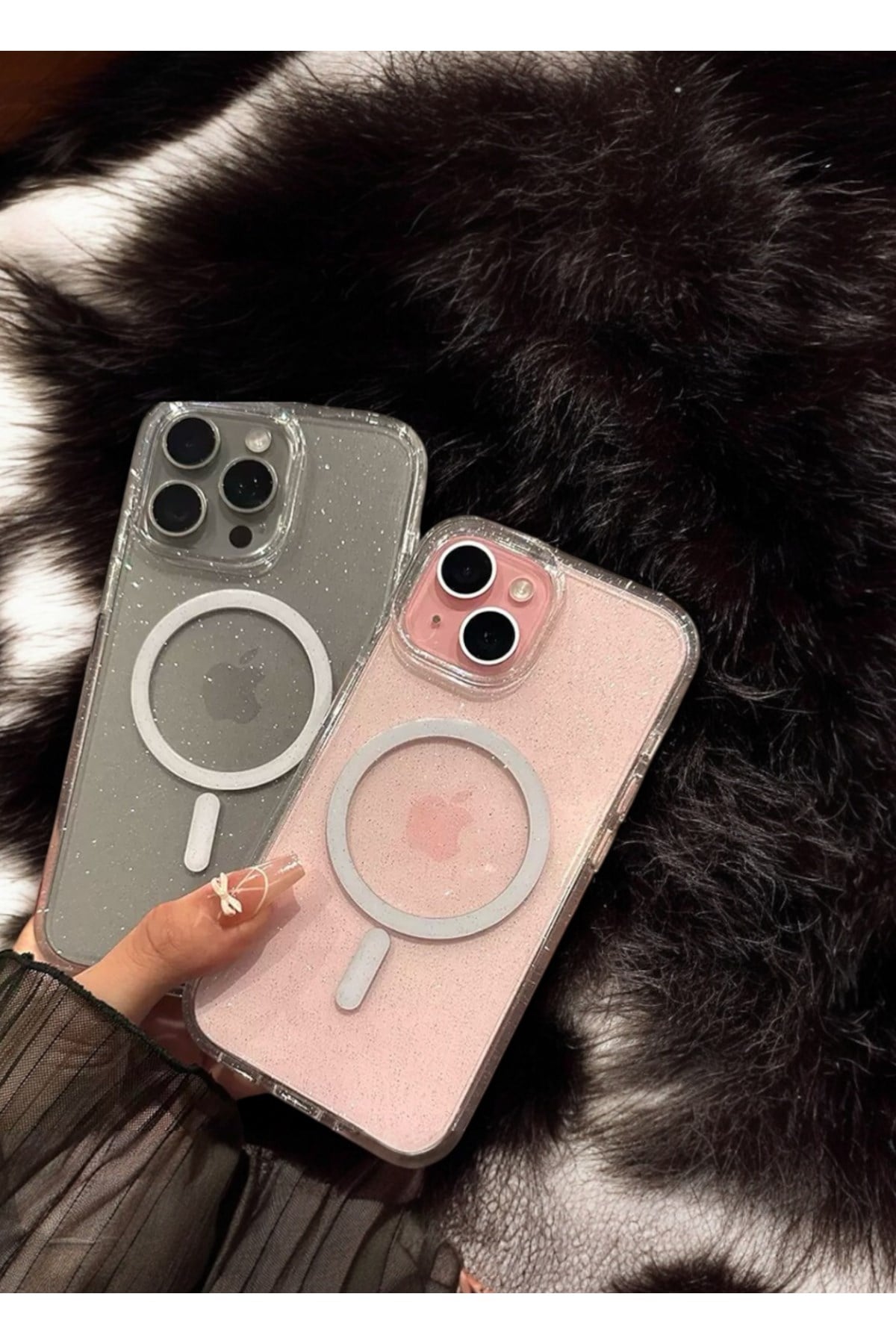 iPhone 15 Uyumlu Simli Şeffaf MagSafeli Premium Mika Sararmaz Kılıf