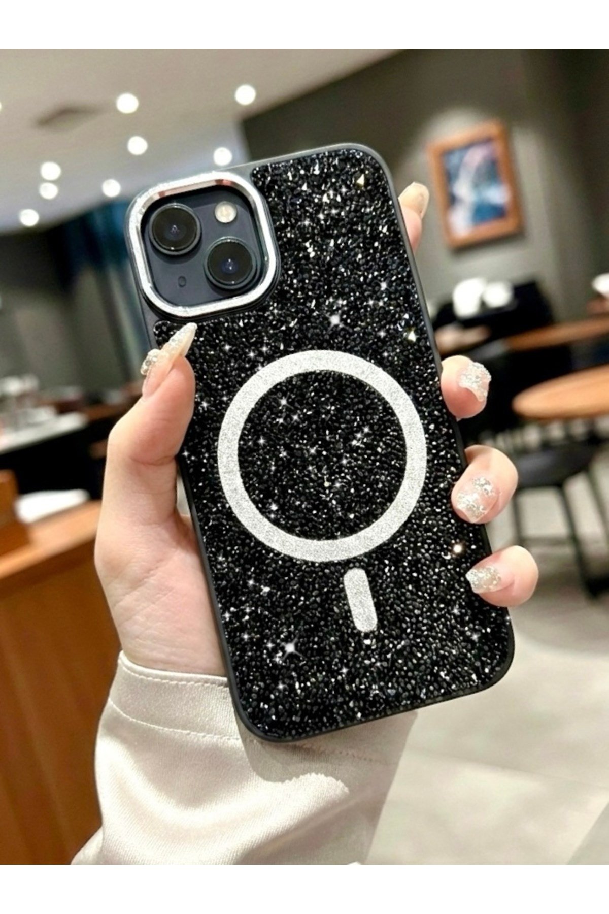 Iphone 15 Uyumlu Siyah Lüks MagSafeli Premium Kristal Taşlı Işıltılı Kılıf