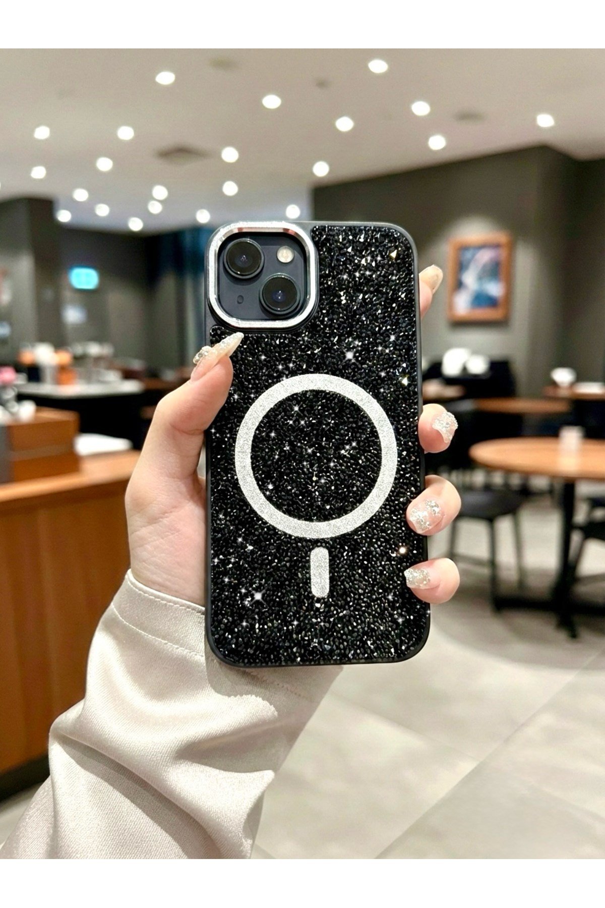 Iphone 15 Uyumlu Siyah Lüks MagSafeli Premium Kristal Taşlı Işıltılı Kılıf