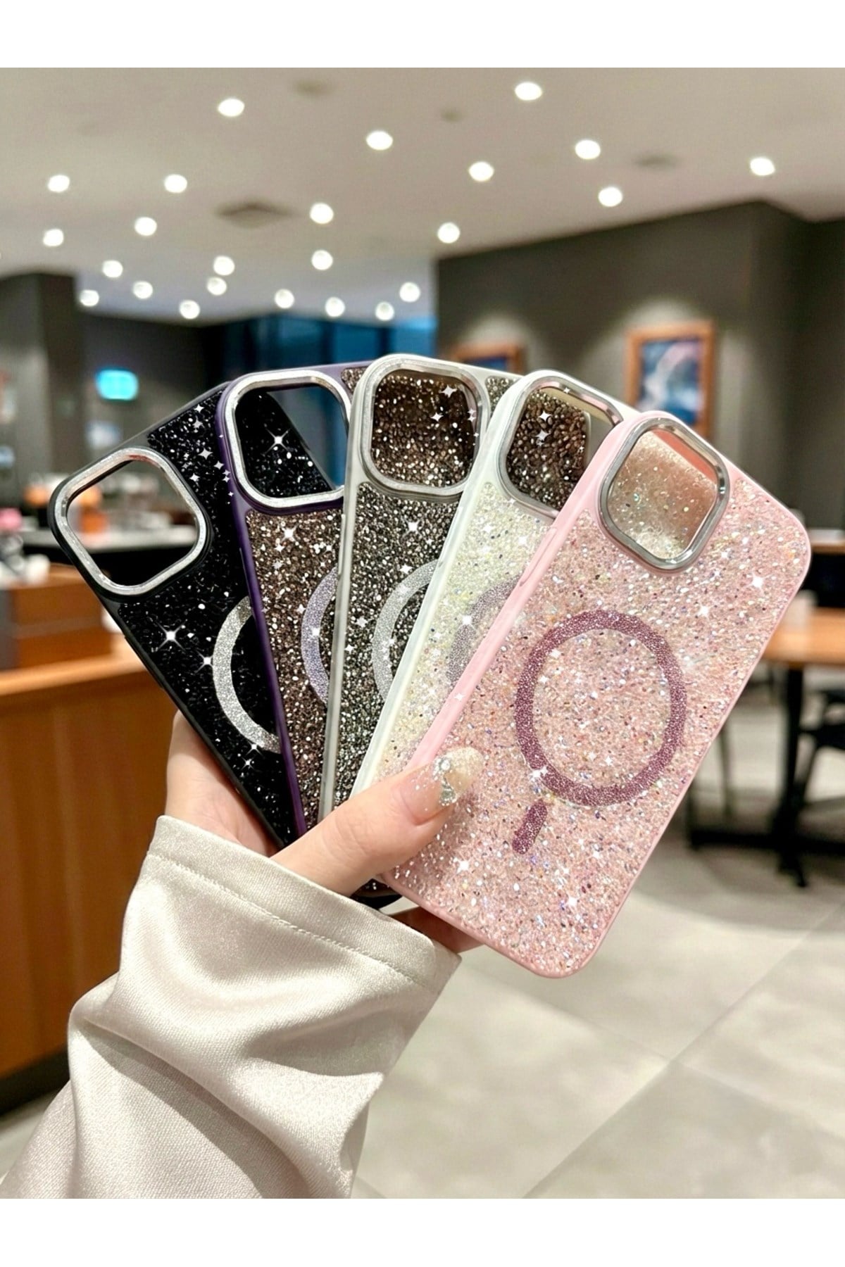 iphone 16 Pro Uyumlu Mor Lüks MagSafeli Premium Kristal Taşlı Işıltılı Kılıf