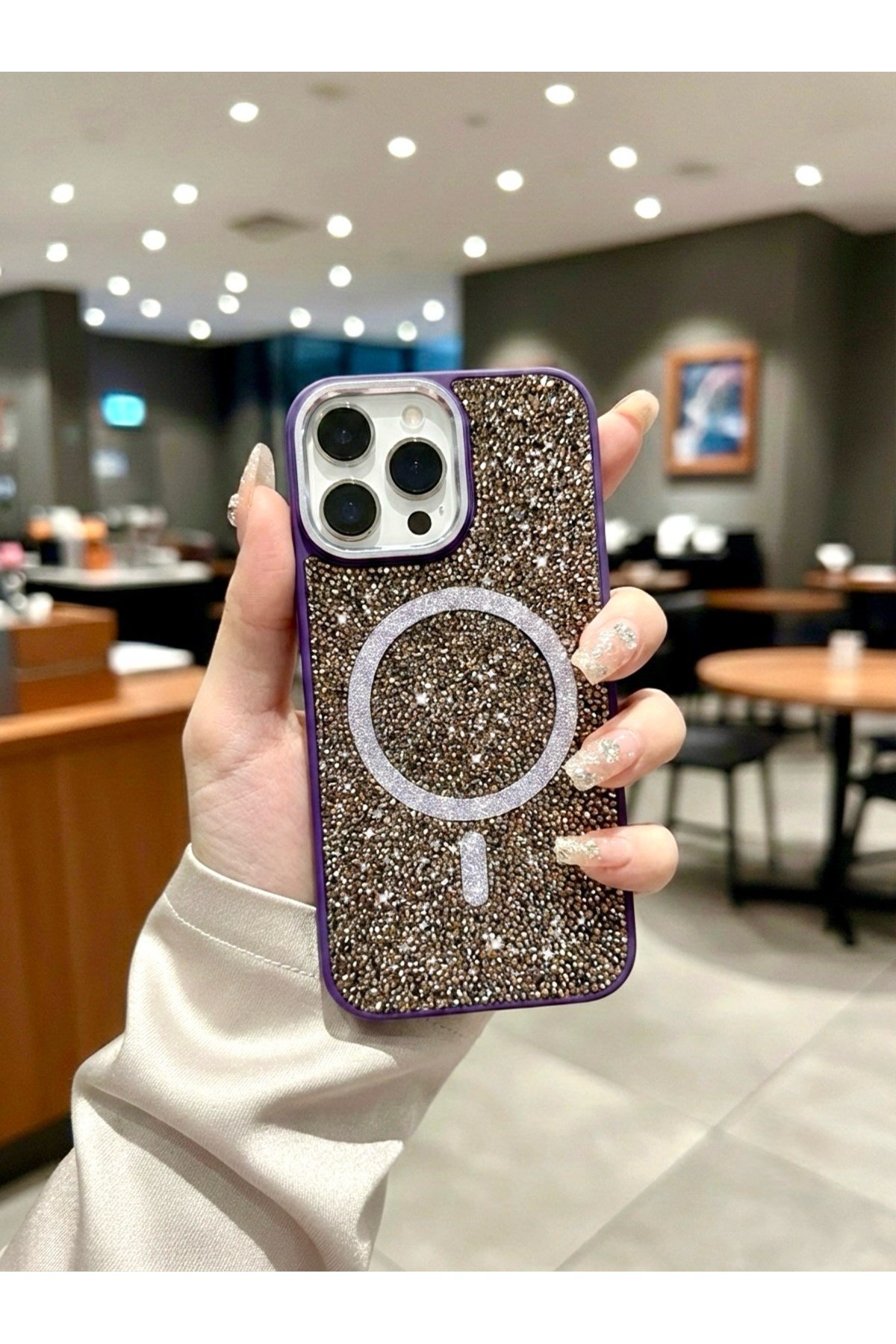iphone 16 Pro Uyumlu Mor Lüks MagSafeli Premium Kristal Taşlı Işıltılı Kılıf