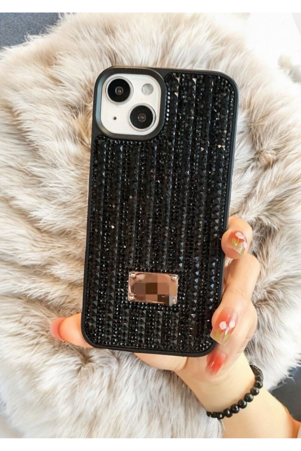 iPhone 16 Pro Uyumlu Siyah Taşlı Parlak Şık Kılıf