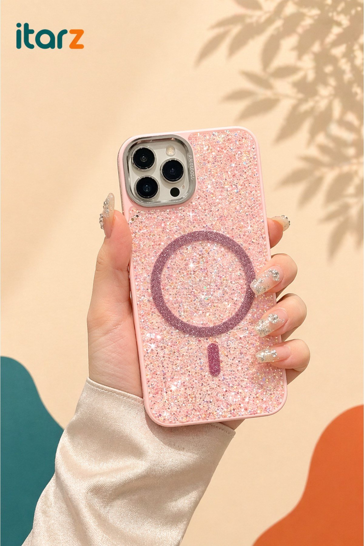 Iphone 16 ProMax Uyumlu Pembe Lüks MagSafeli Premium Kristal Taşlı Işıltılı Kılıf