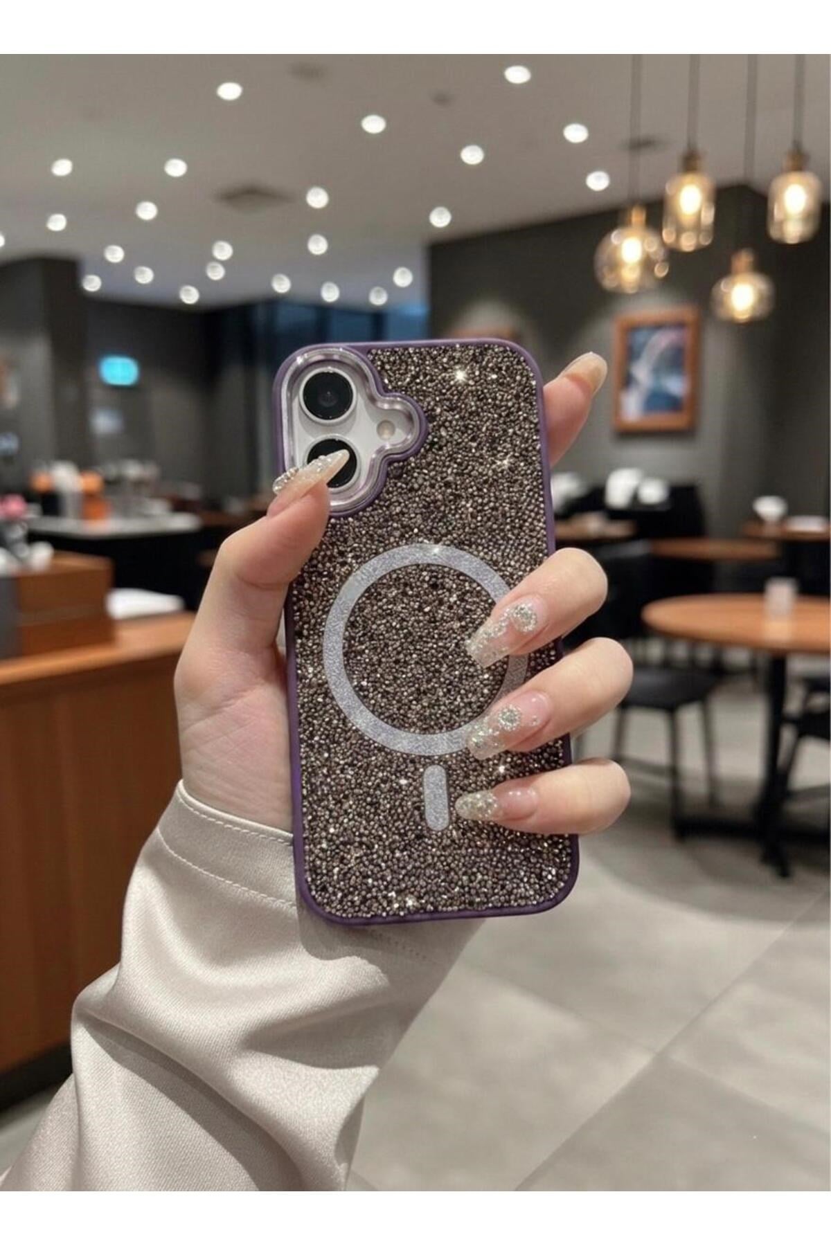 iPhone 16 Uyumlu, Beyaz, MagSafe Özellikli Premium Simli Taşlı Parlak Kılıf