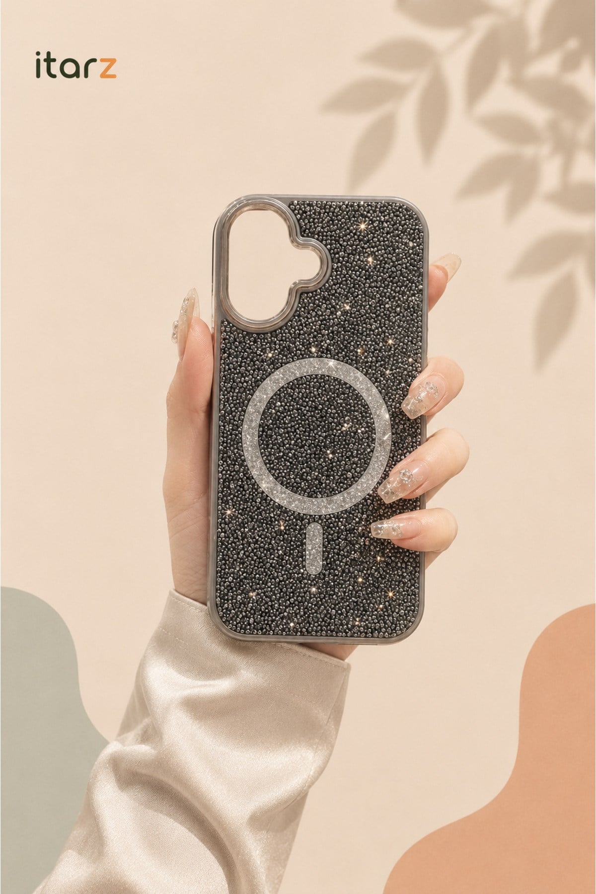 iPhone 16 Uyumlu, Beyaz, MagSafe Özellikli Premium Simli Taşlı Parlak Kılıf