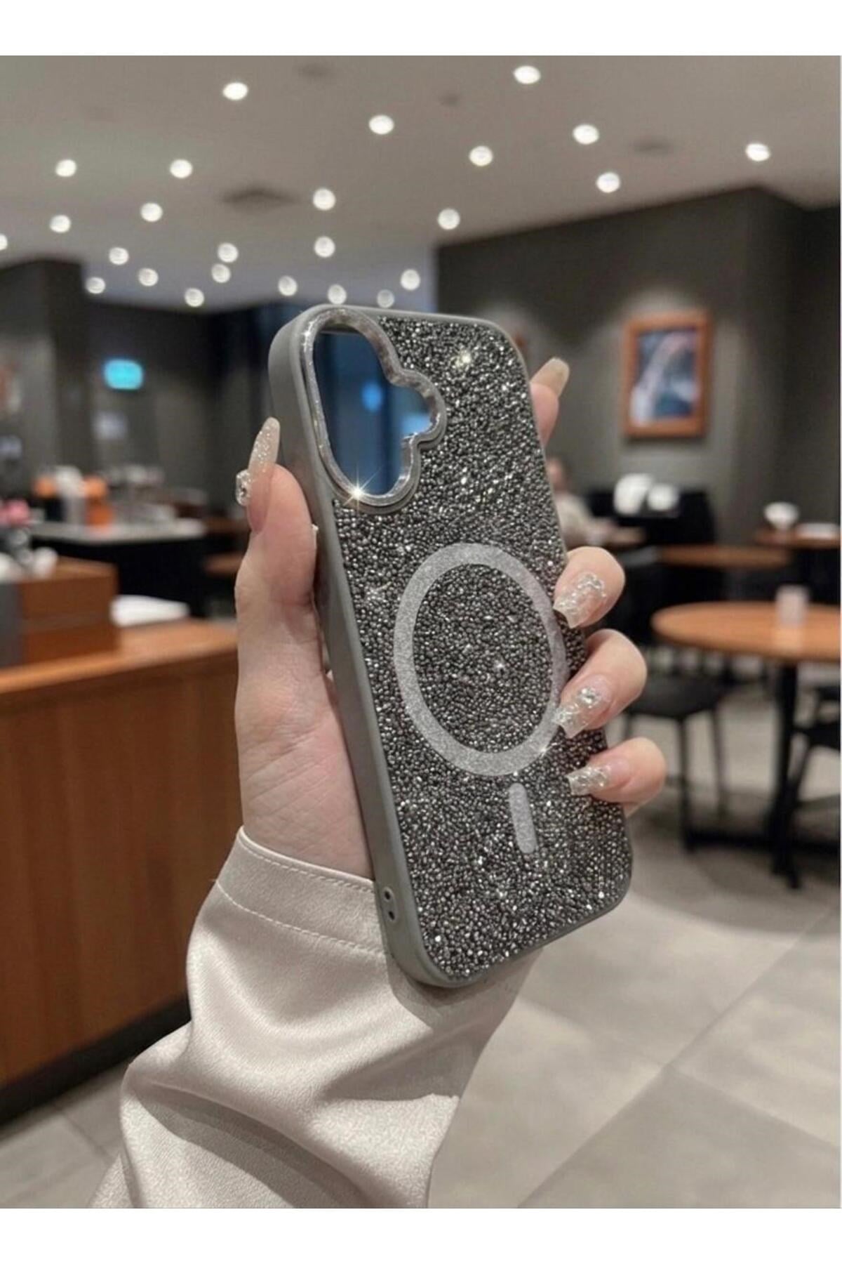 iPhone 16 Uyumlu, Beyaz, MagSafe Özellikli Premium Simli Taşlı Parlak Kılıf