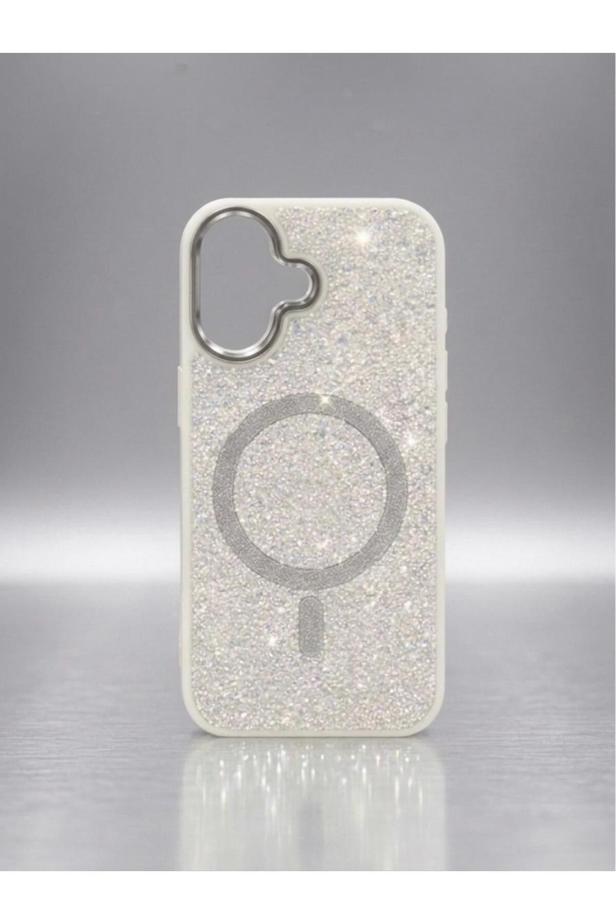iPhone 16 Uyumlu, Beyaz, MagSafe Özellikli Premium Simli Taşlı Parlak Kılıf