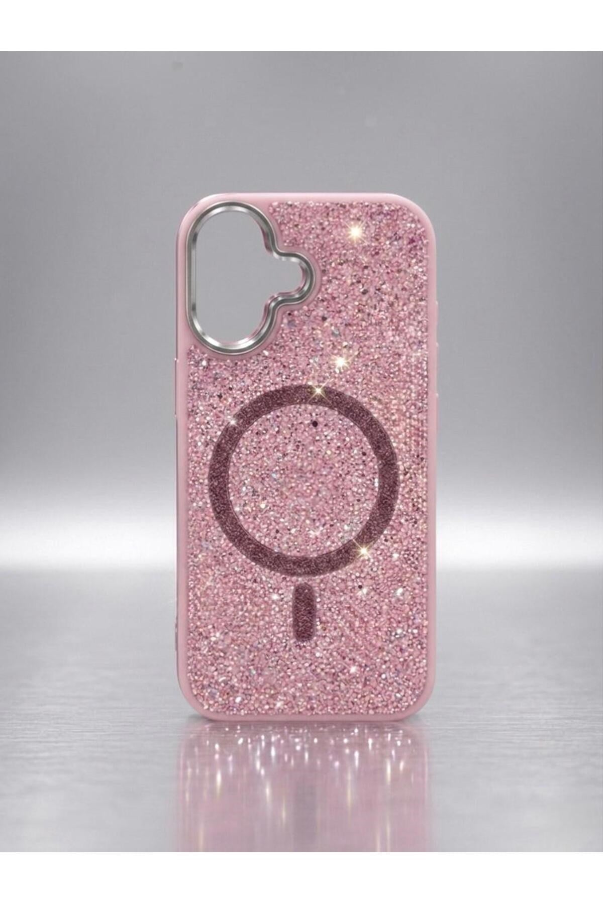 iPhone 16 Uyumlu, Pembe, MagSafe Özellikli Premium Simli Taşlı Parlak Kılıf
