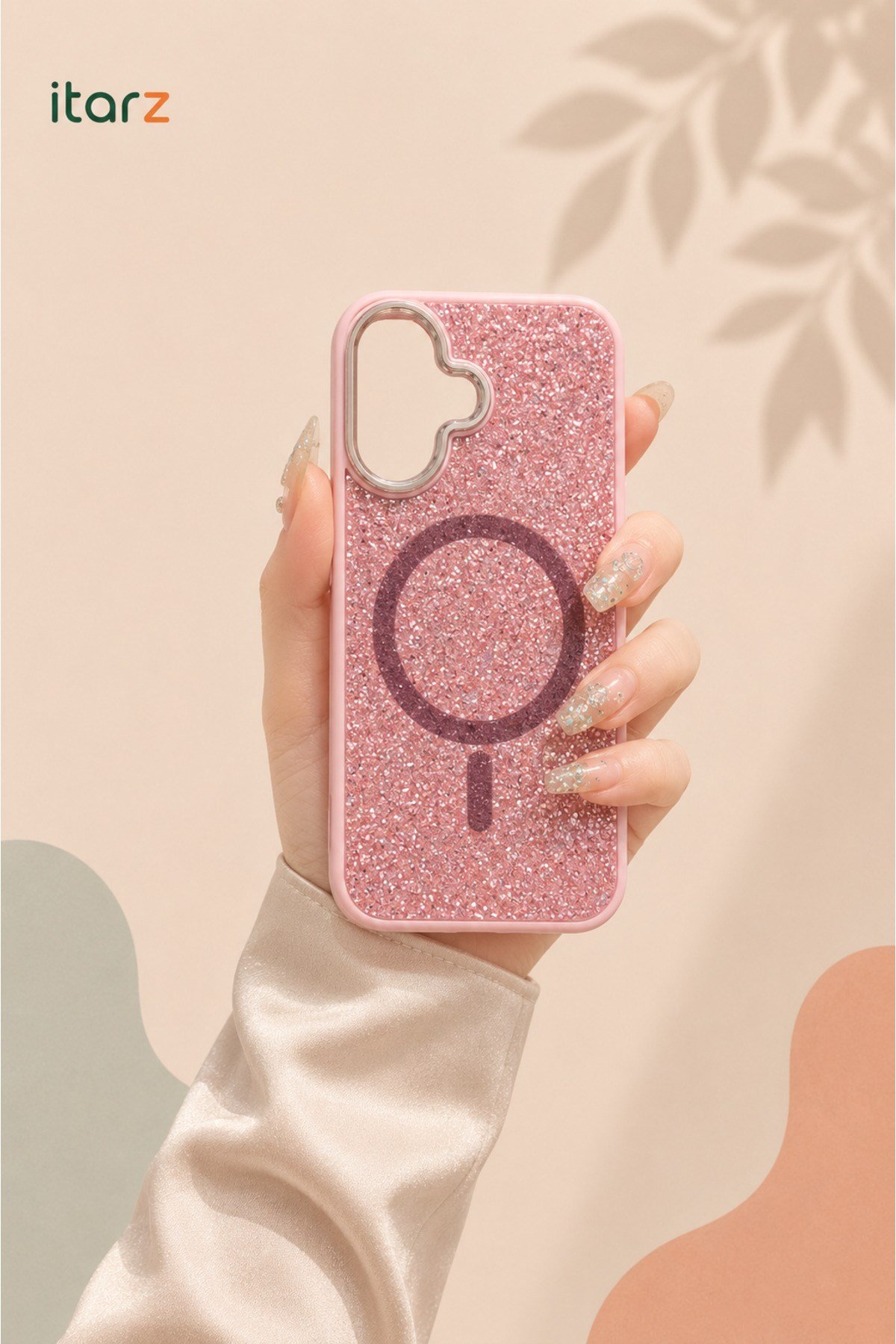 iPhone 16 Uyumlu, Pembe, MagSafe Özellikli Premium Simli Taşlı Parlak Kılıf