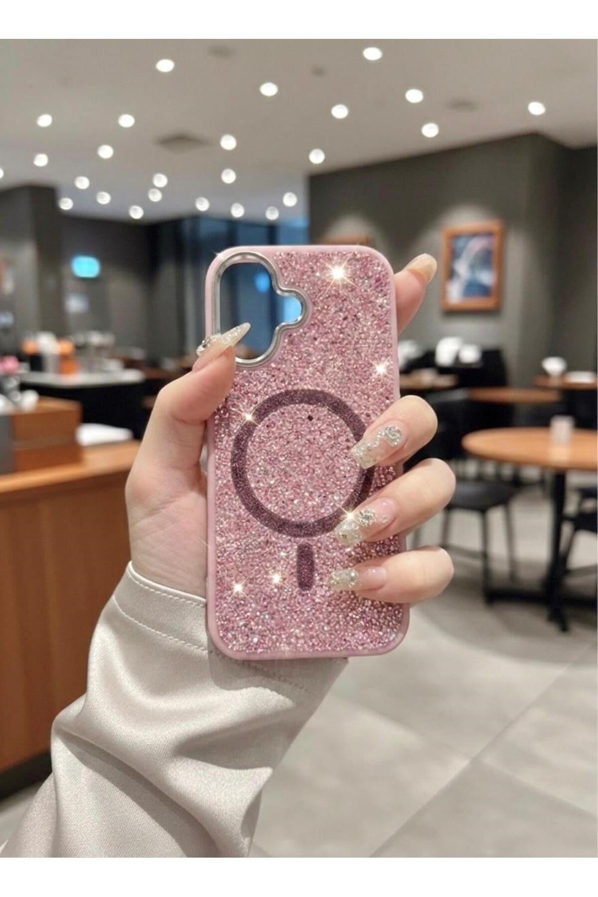 iPhone 16 Uyumlu, Pembe, MagSafe Özellikli Premium Simli Taşlı Parlak Kılıf