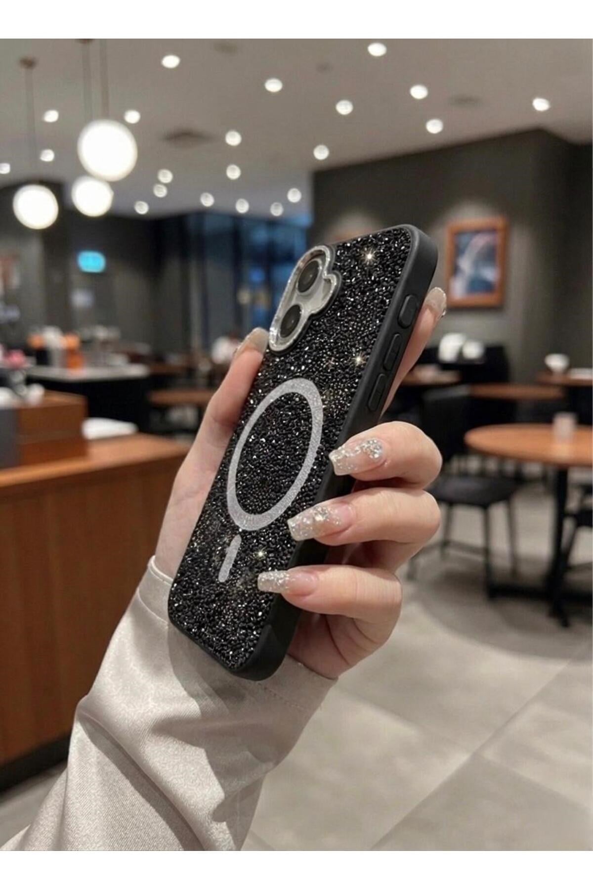 iPhone 16 Uyumlu, Siyah, MagSafe Özellikli Premium Simli Taşlı Parlak Kılıf