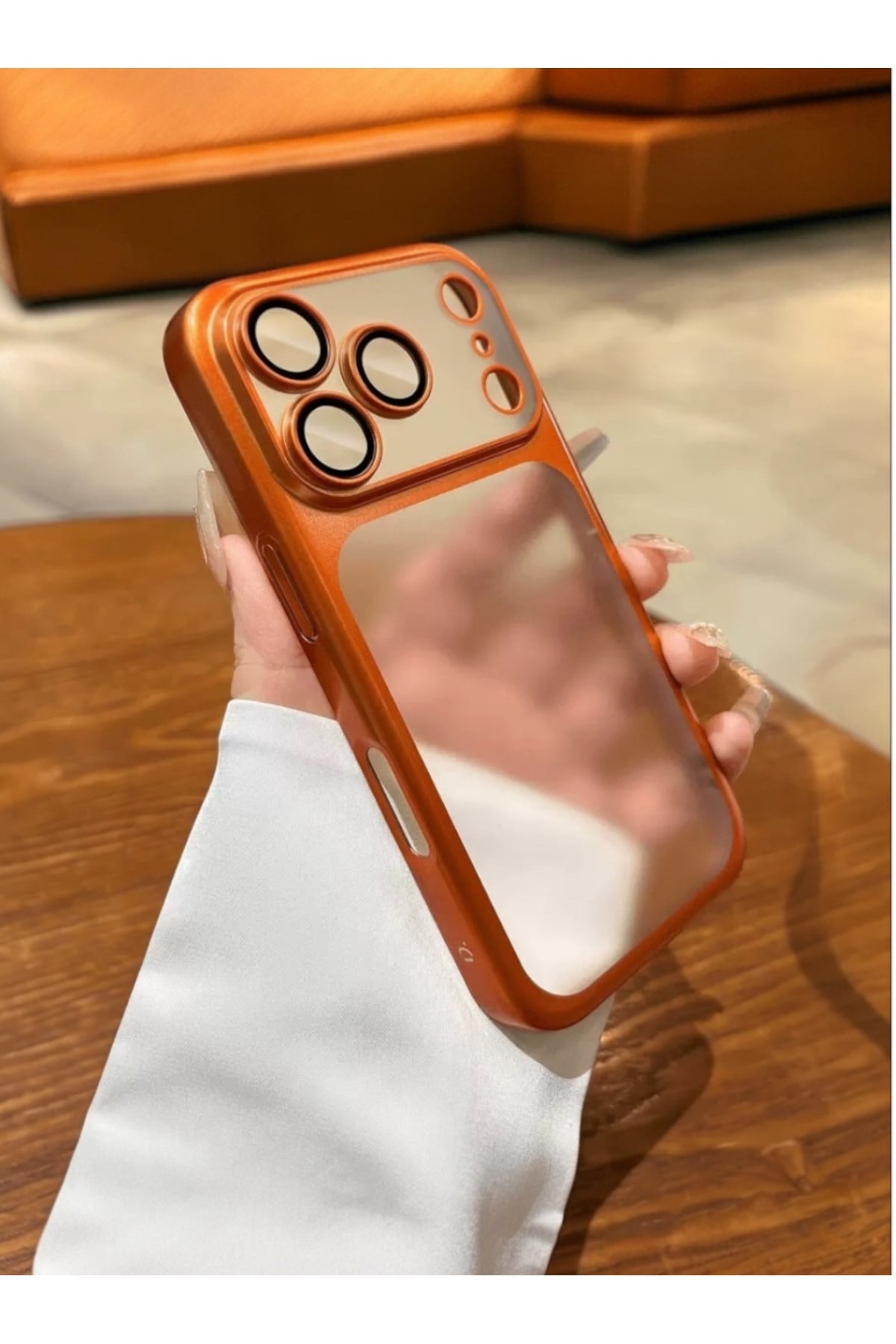 iPhone 17 Pro Turuncu Kenar Şeffaf Arka Yüzey, Metal Çerçeveli Kamera Korumalı Telefon Kılıfı
