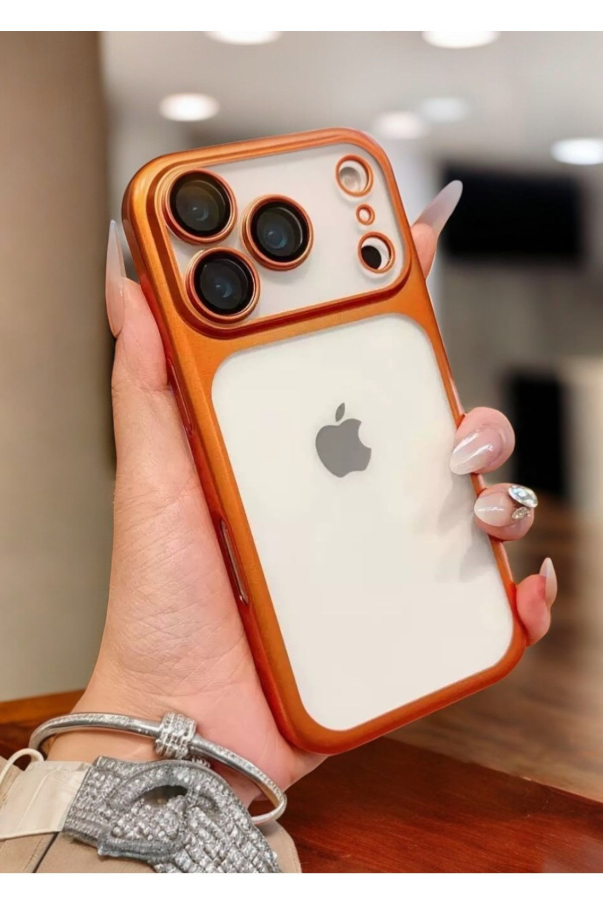 iPhone 17 Pro Turuncu Kenar Şeffaf Arka Yüzey, Metal Çerçeveli Kamera Korumalı Telefon Kılıfı