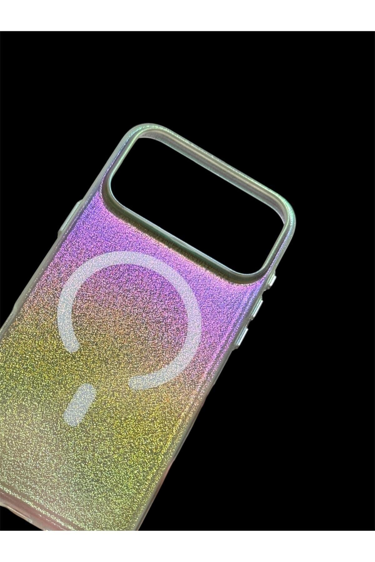 Iphone 17 Pro Uyumlu Lazer Işıltılı MagSafeli, Simli, Metal Tuşlu, Holografik Renk Geçişli Kılıf
